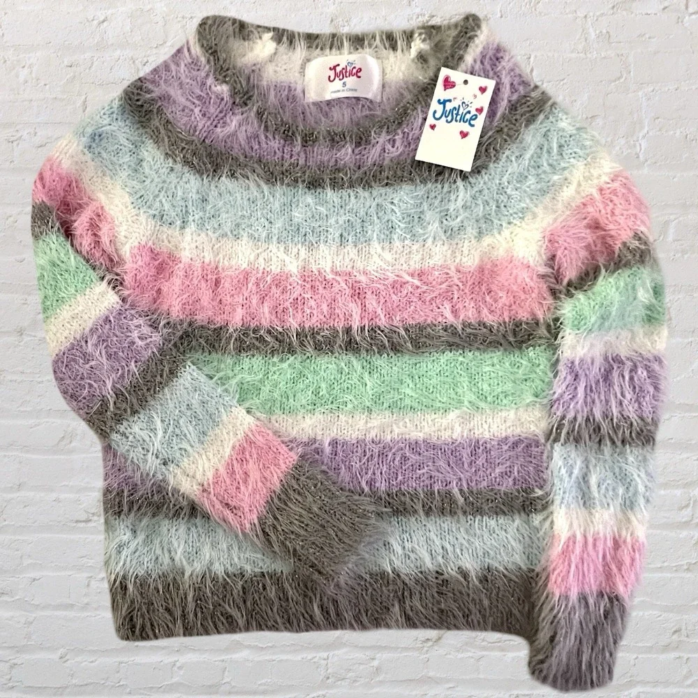 Justice Girls Fuzzy Pastel‎ Multicolor Striped Sweater Girls 5 Cozy Soft NWT